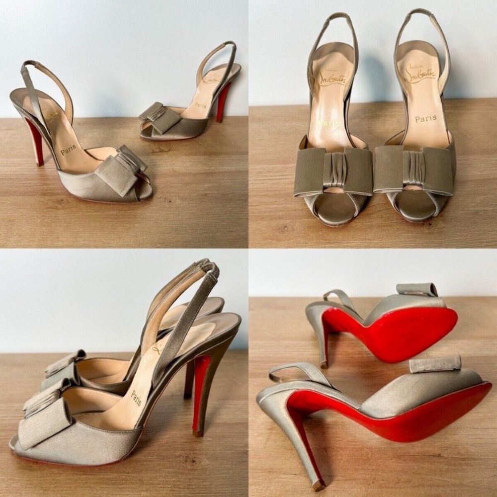 Christian Louboutin Taupe Satin Bow Slingback Pumps - Red Sole